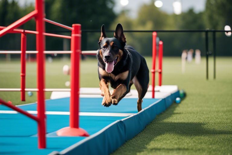 German shepherd running in flyball training place