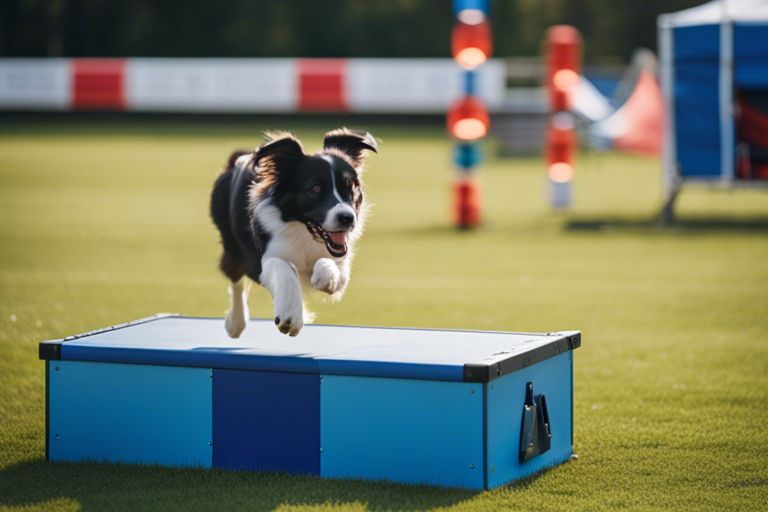 an small size dog jumping over a box 