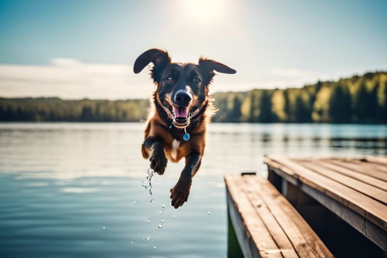 Dog jumping over water 