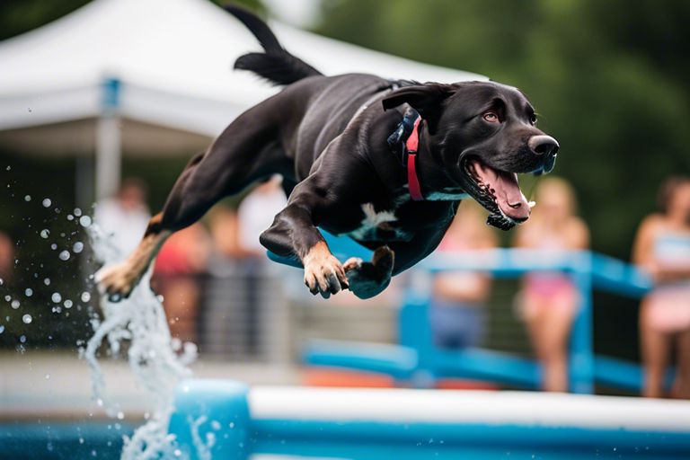 dog jumping on dock diving pool